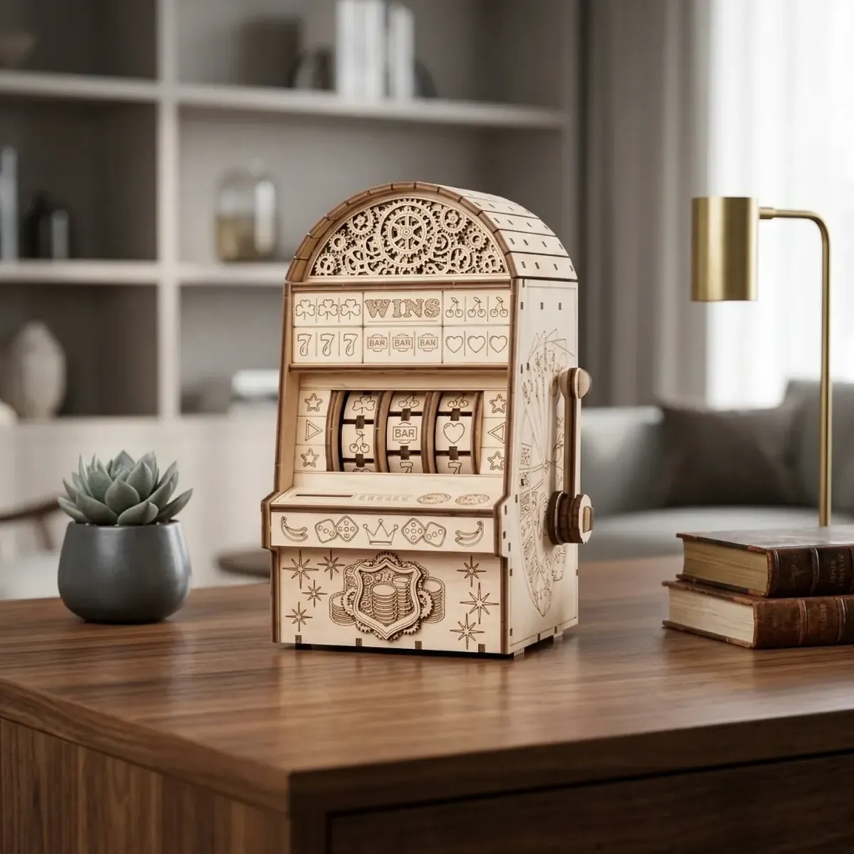 Wooden Slot Machine Puzzle Mechanical Casino Game Model Toy