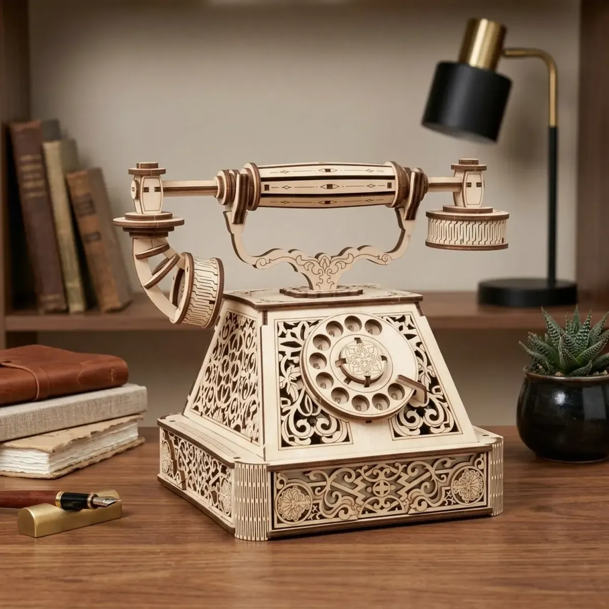 Wooden Retro Telephone Puzzle Vintage Rotary Phone Model Decor