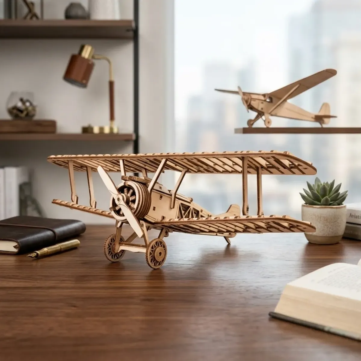 Wooden Biplane Puzzle Mechanical Propeller Aircraft Model Kit